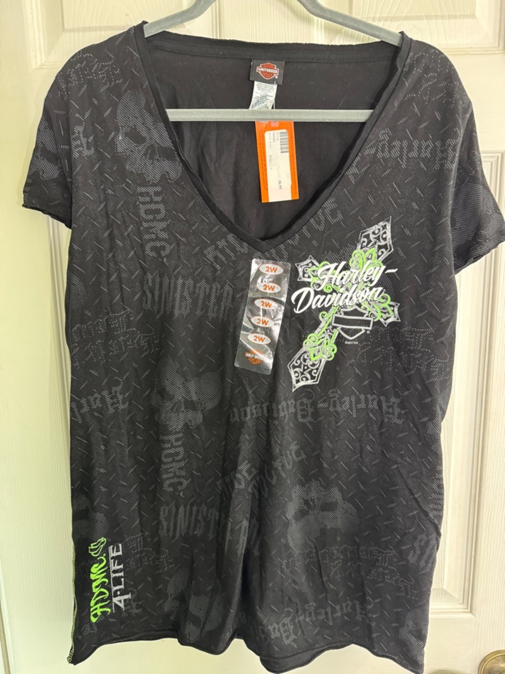 Harley-Davidson Black Short Sleeve V-Neck Tee with Neon Green Accent